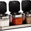 DEAYOU 3 Pack Glass Seasoning Box with Tray, Clear Condiment Canister with 18/10 Stainless Steel Lid and Spoon, Kitchen Spice Pot with Base, Salt Pepper Sugar Storage Container Jar Cruet for Desk-0