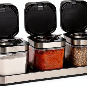 DEAYOU 3 Pack Glass Seasoning Box with Tray, Clear Condiment Canister with 18/10 Stainless Steel Lid and Spoon, Kitchen Spice Pot with Base, Salt Pepper Sugar Storage Container Jar Cruet for Desk-0