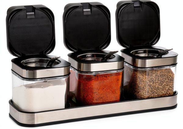 DEAYOU 3 Pack Glass Seasoning Box with Tray, Clear Condiment Canister with 18/10 Stainless Steel Lid and Spoon, Kitchen Spice Pot with Base, Salt Pepper Sugar Storage Container Jar Cruet for Desk-0