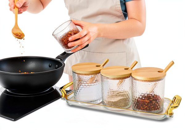 Glass Seasoning Containers Pot with Lids and Spoons Set of 3 Clear Spice Storage Jar and Containers with Display Tray for Home Kitchen Cafe, salt, sugar, pepper, spice Elegant and Durable-1