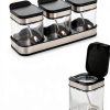 DEAYOU 3 Pack Glass Seasoning Box with Tray, Clear Condiment Canister with 18/10 Stainless Steel Lid and Spoon, Kitchen Spice Pot with Base, Salt Pepper Sugar Storage Container Jar Cruet for Desk-1