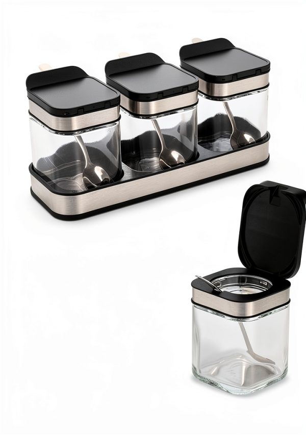 DEAYOU 3 Pack Glass Seasoning Box with Tray, Clear Condiment Canister with 18/10 Stainless Steel Lid and Spoon, Kitchen Spice Pot with Base, Salt Pepper Sugar Storage Container Jar Cruet for Desk-1