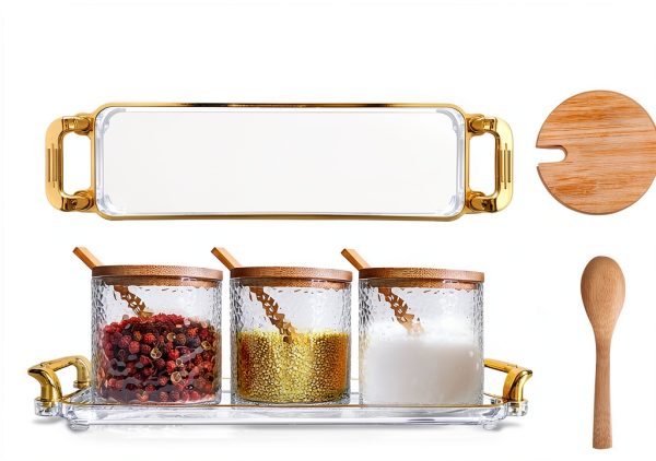 Glass Seasoning Containers Pot with Lids and Spoons Set of 3 Clear Spice Storage Jar and Containers with Display Tray for Home Kitchen Cafe, salt, sugar, pepper, spice Elegant and Durable-2