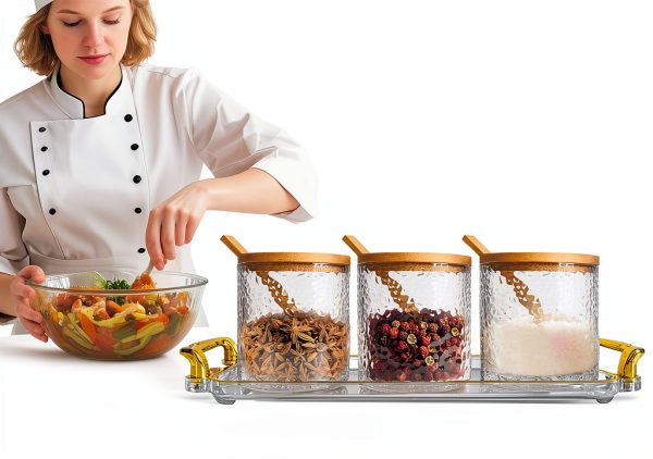 Glass Seasoning Containers Pot with Lids and Spoons Set of 3 Clear Spice Storage Jar and Containers with Display Tray for Home Kitchen Cafe, salt, sugar, pepper, spice Elegant and Durable-5