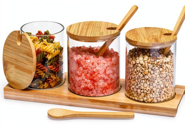 Baderke 3 Pcs Hot Cocoa Bar Supplies Spice Jars with Spoon Condiment Jars, 10 oz Glass Seasoning Containers with Spoon Lid Base Clear Seasoning Box Adorable Condiment Pots for Sugar Pepper Cruet-0