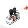 DEAYOU 3 Pack Glass Seasoning Box with Tray, Clear Condiment Canister with 18/10 Stainless Steel Lid and Spoon, Kitchen Spice Pot with Base, Salt Pepper Sugar Storage Container Jar Cruet for Desk-4