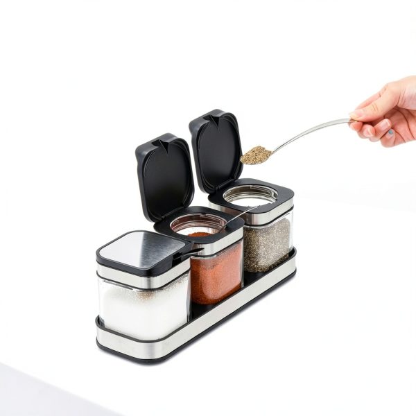 DEAYOU 3 Pack Glass Seasoning Box with Tray, Clear Condiment Canister with 18/10 Stainless Steel Lid and Spoon, Kitchen Spice Pot with Base, Salt Pepper Sugar Storage Container Jar Cruet for Desk-4