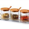 Glass Seasoning Containers Pot with Lids and Spoons Set of 3 Clear Spice Storage Jar and Containers with Display Tray for Home Kitchen Cafe, salt, sugar, pepper, spice Elegant and Durable-4