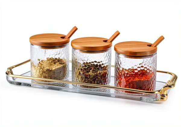 Glass Seasoning Containers Pot with Lids and Spoons Set of 3 Clear Spice Storage Jar and Containers with Display Tray for Home Kitchen Cafe, salt, sugar, pepper, spice Elegant and Durable-4