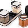 DEAYOU 3 Pack Glass Seasoning Box with Tray, Clear Condiment Canister with 18/10 Stainless Steel Lid and Spoon, Kitchen Spice Pot with Base, Salt Pepper Sugar Storage Container Jar Cruet for Desk-3