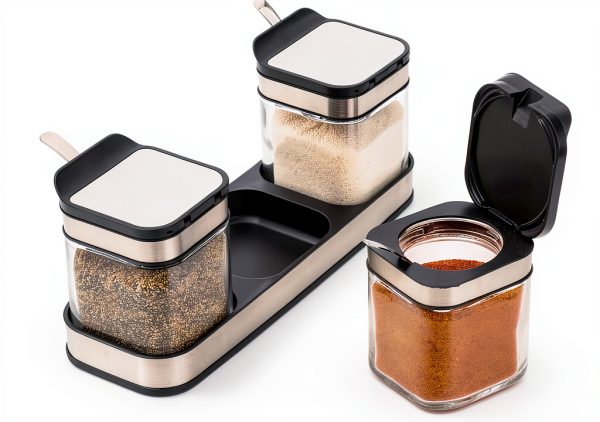 DEAYOU 3 Pack Glass Seasoning Box with Tray, Clear Condiment Canister with 18/10 Stainless Steel Lid and Spoon, Kitchen Spice Pot with Base, Salt Pepper Sugar Storage Container Jar Cruet for Desk-3