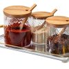 Glass Seasoning Containers Pot with Lids and Spoons Set of 3 Clear Spice Storage Jar and Containers with Display Tray for Home Kitchen Cafe, salt, sugar, pepper, spice Elegant and Durable-0