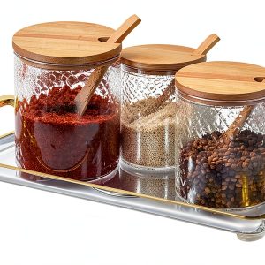 Glass Seasoning Containers Pot with Lids and Spoons Set of 3 Clear Spice Storage Jar and Containers with Display Tray for Home Kitchen Cafe, salt, sugar, pepper, spice Elegant and Durable-0