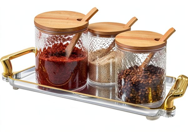 Glass Seasoning Containers Pot with Lids and Spoons Set of 3 Clear Spice Storage Jar and Containers with Display Tray for Home Kitchen Cafe, salt, sugar, pepper, spice Elegant and Durable-0